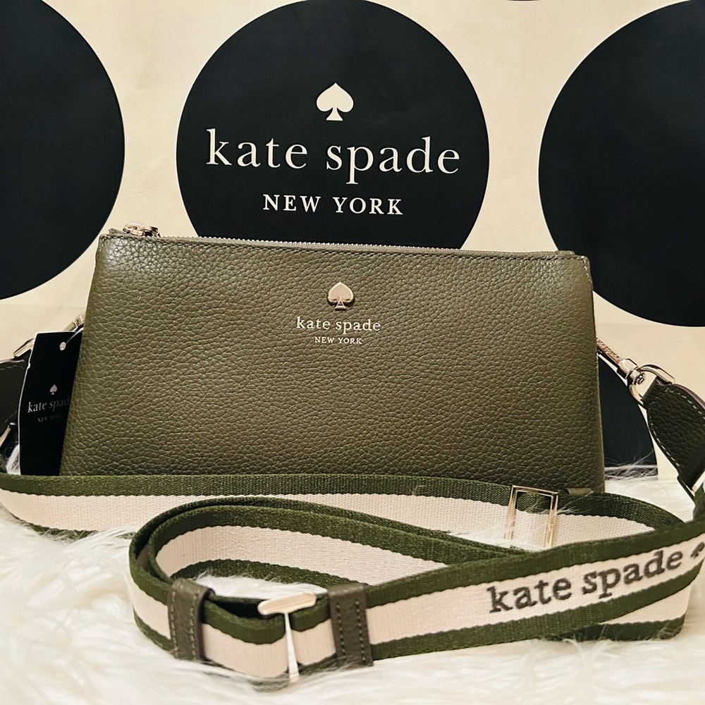 NWT Kate Spade Enchanted Green Pebble Leather Crossbody Bag with Striped Strap